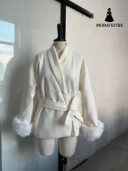 Double sided coat mid length warm jacket White fluffy long sleeve coat / S