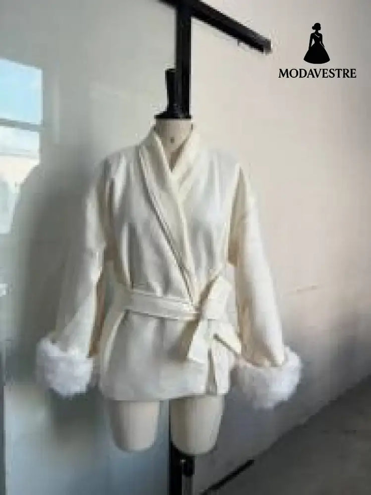 Double sided coat mid length warm jacket White fluffy long sleeve coat / S