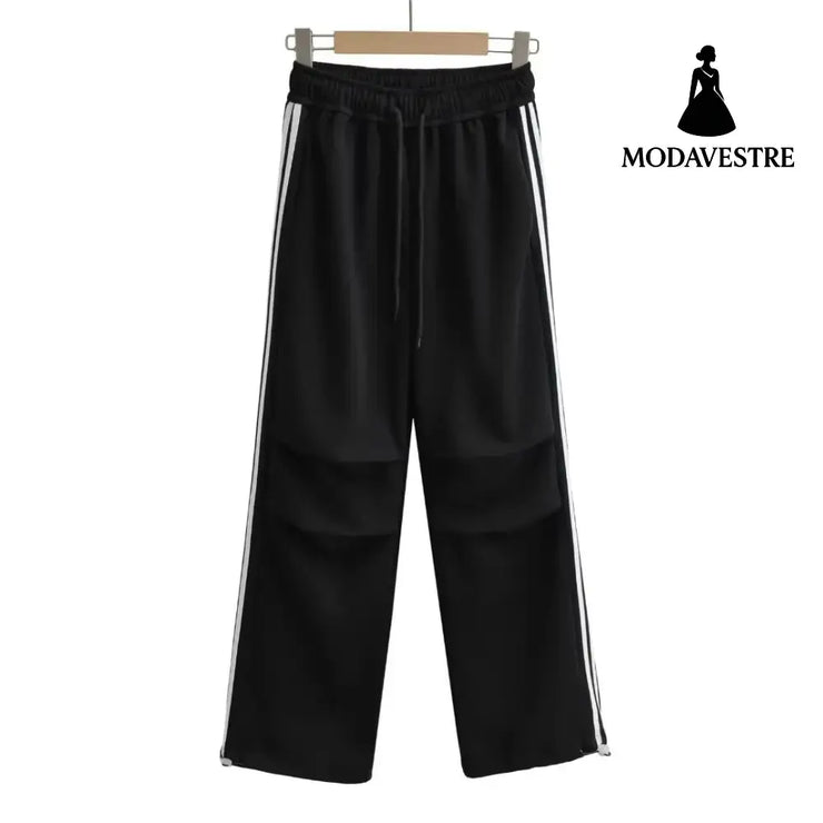 Drawstring elastic waist loose straight work pants Black 6028 / S