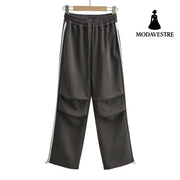 Drawstring elastic waist loose straight work pants Dark Gray 6028 / S