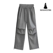 Drawstring elastic waist loose straight work pants Flower Gray 6028 / S