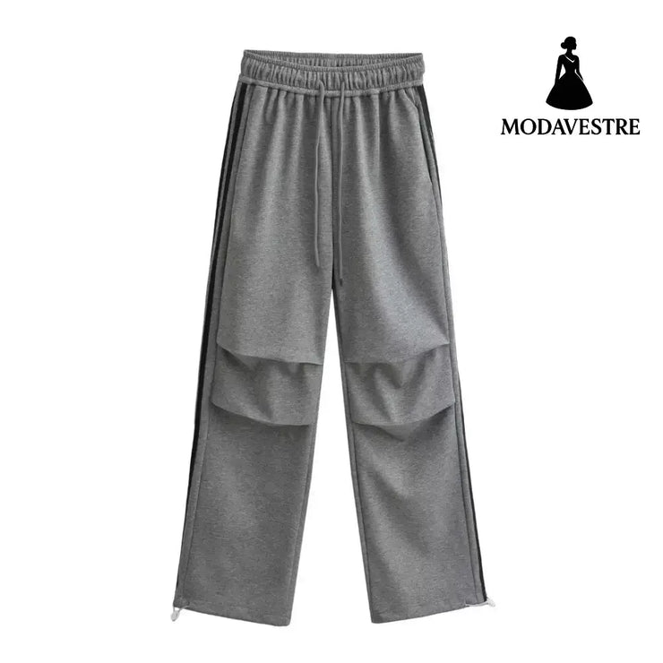 Drawstring elastic waist loose straight work pants Flower Gray 6028 / S
