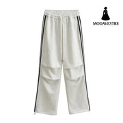 Drawstring elastic waist loose straight work pants White 6028 / S