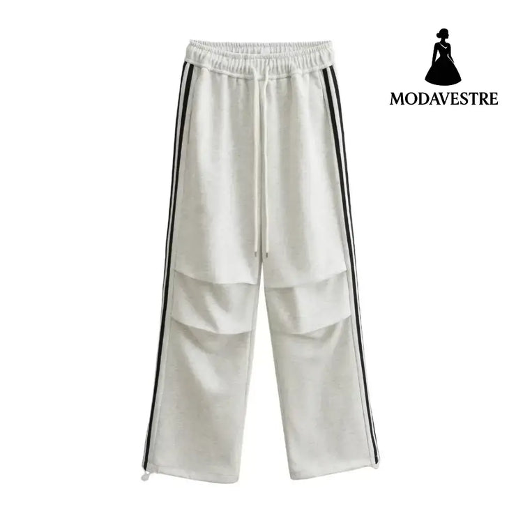 Drawstring elastic waist loose straight work pants White 6028 / S