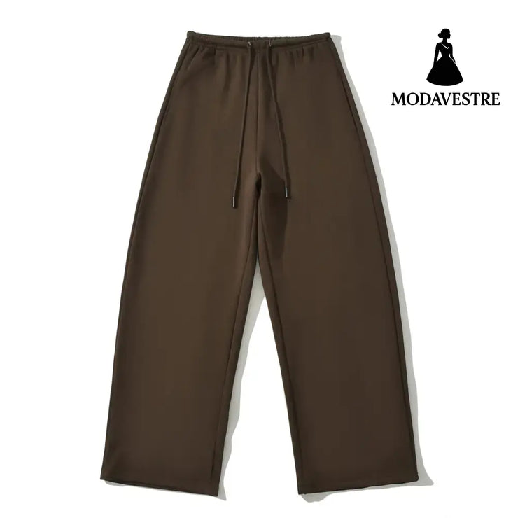 Drawstring high waisted solid color casual pants Brown / S