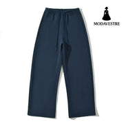 Drawstring high waisted solid color casual pants Navy Blue / S