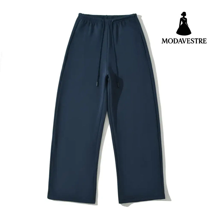 Drawstring high waisted solid color casual pants Navy Blue / S