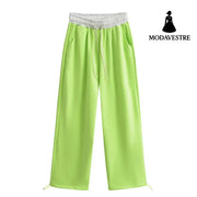 Drawstring loose pants Light gray mixed with green / S