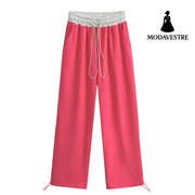Drawstring loose pants Light gray mixed with rose red / S