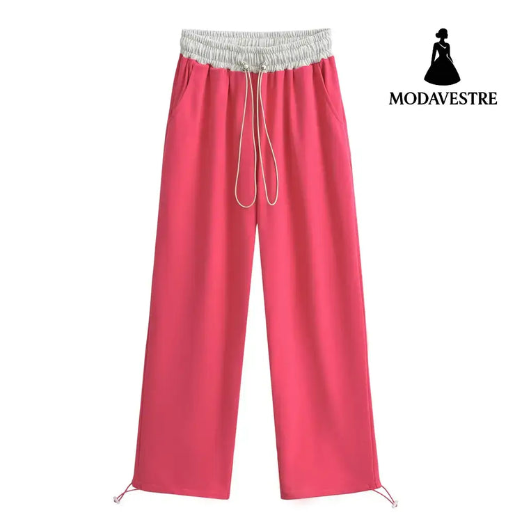 Drawstring loose pants Light gray mixed with rose red / S