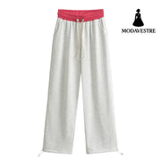 Drawstring loose pants Rose red mixed with light gray / S