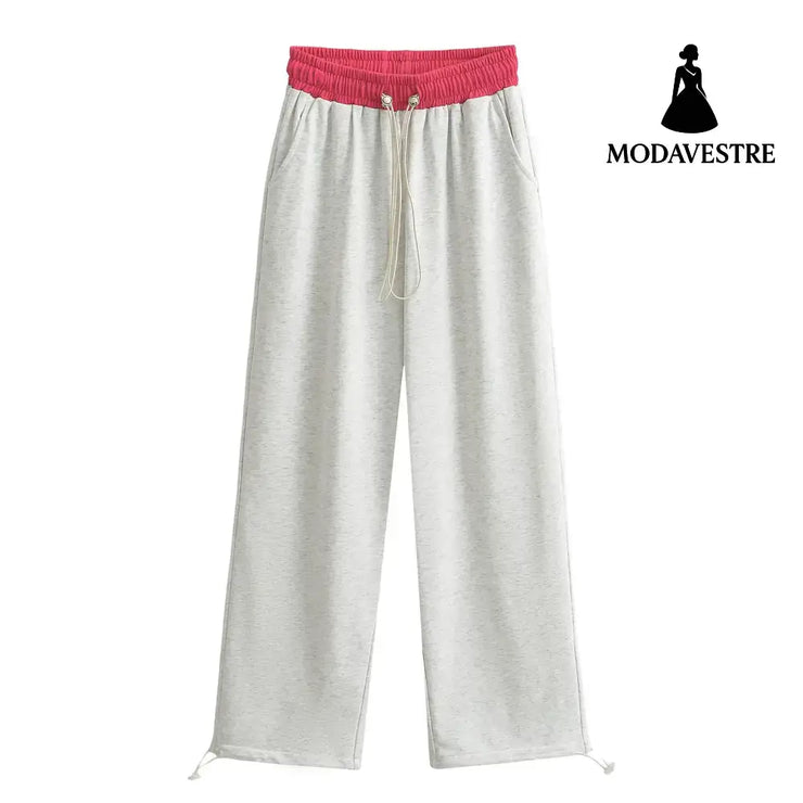 Drawstring loose pants Rose red mixed with light gray / S