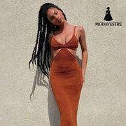 Dresses Party Club Elegant Hollow Out Dress Sundress Brown / L