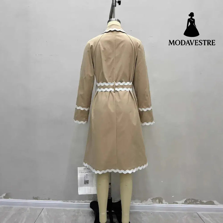 Elegant Chic White Wavy Neckline Double Breasted Coat Coat