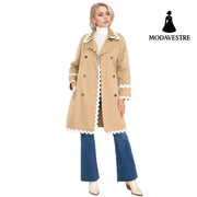 Elegant Chic White Wavy Neckline Double Breasted Coat Coat