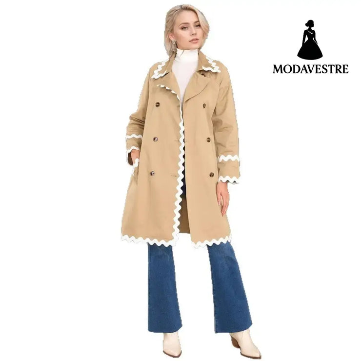 Elegant Chic White Wavy Neckline Double Breasted Coat Coat