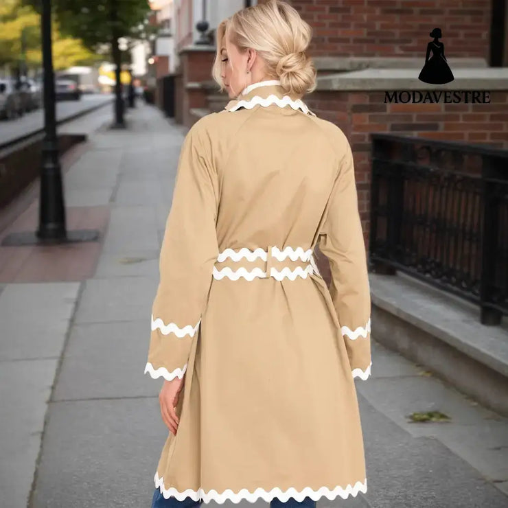 Elegant Chic White Wavy Neckline Double Breasted Coat Coat