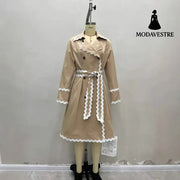 Elegant Chic White Wavy Neckline Double Breasted Coat Coat