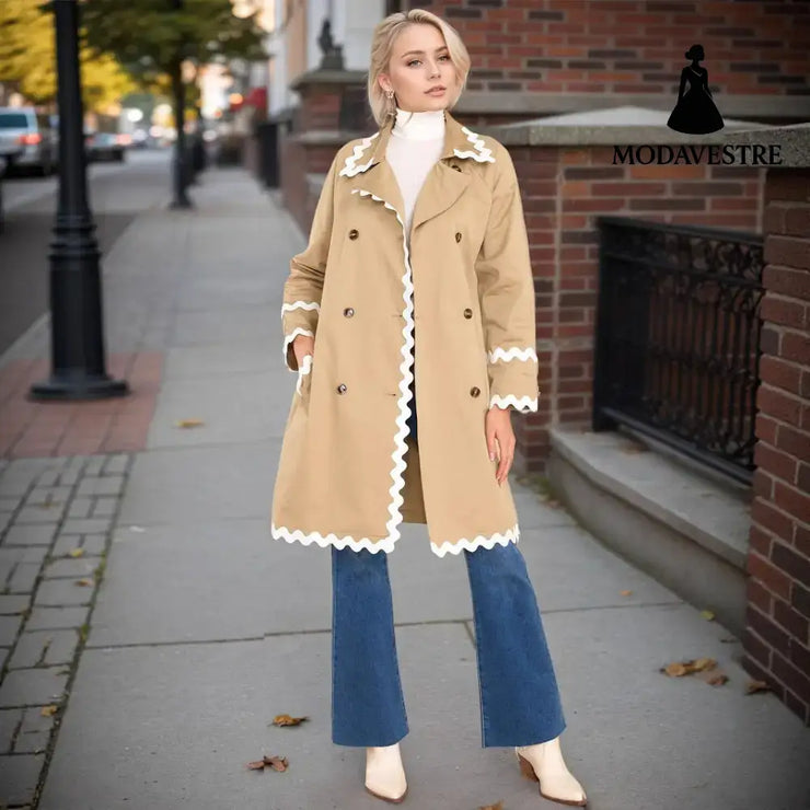 Elegant Chic White Wavy Neckline Double Breasted Coat Khaki / L Coat