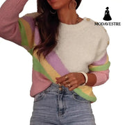 Elegant Holiday Round Neck Shoulder Button Striped Colored Pullover Sweater Apricot / L Jumper