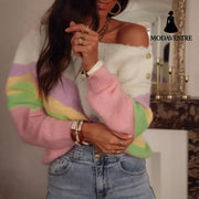 Elegant Holiday Round Neck Shoulder Button Striped Colored Pullover Sweater Jumper