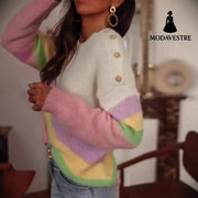 Elegant Holiday Round Neck Shoulder Button Striped Colored Pullover Sweater Jumper