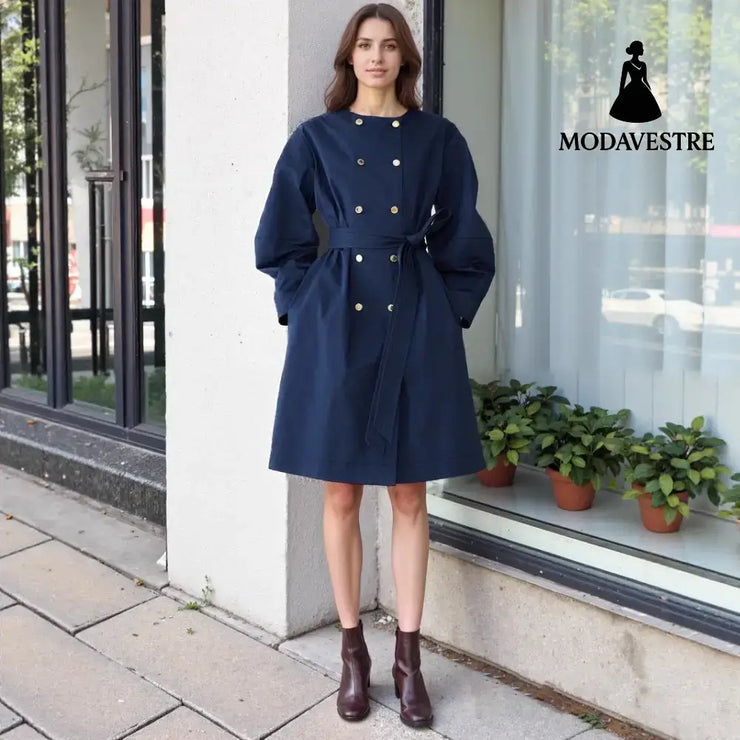 Elegant Round Neck Waist Trimming Elegant Trench Coat Coat
