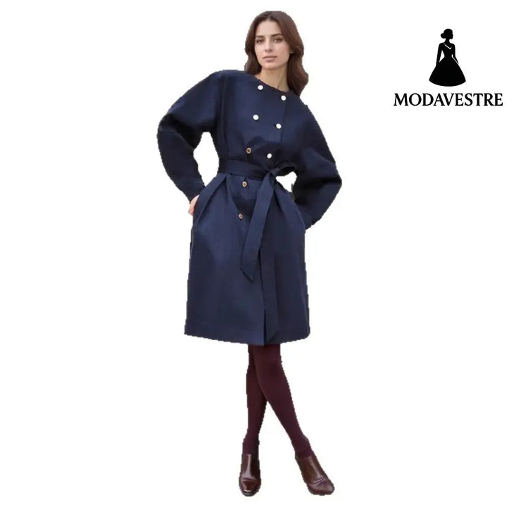 Elegant Round Neck Waist Trimming Elegant Trench Coat Coat