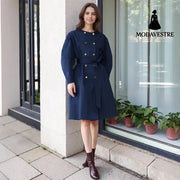 Elegant Round Neck Waist Trimming Elegant Trench Coat Dark Blue / L Coat