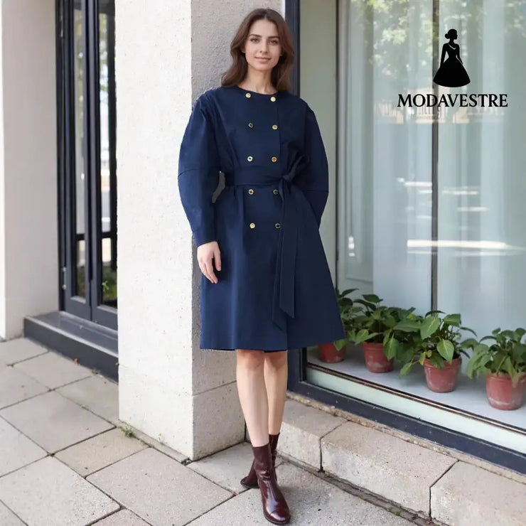 Elegant Round Neck Waist Trimming Elegant Trench Coat Dark Blue / L Coat