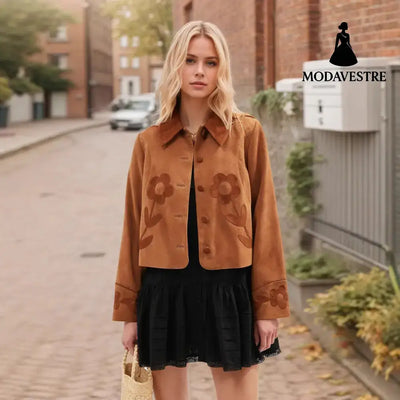Elegant Vintage Suede Flower Short Coat Coat