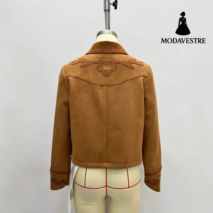 Elegant Vintage Suede Flower Short Coat Coat