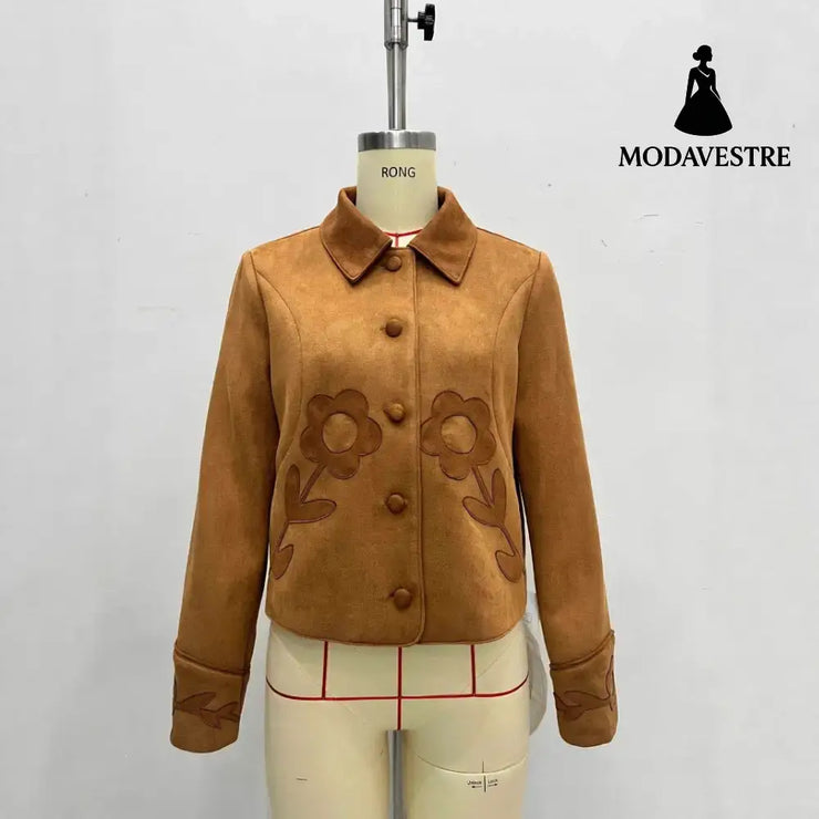 Elegant Vintage Suede Flower Short Coat Coat