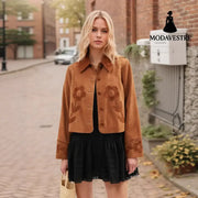 Elegant Vintage Suede Flower Short Coat Yellowish Brown / L Coat