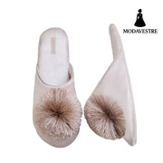 Embroidered Home Shoes Silent Antiskid Four Seasons Women’’s Cotton Slippers Champagne tassel ball slippers / 36.37