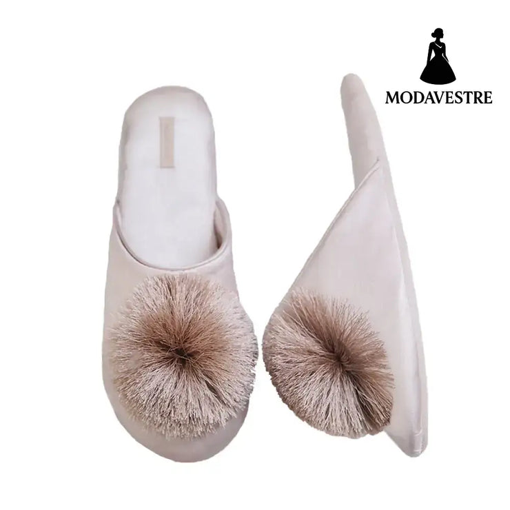 Embroidered Home Shoes Silent Antiskid Four Seasons Women’’s Cotton Slippers Champagne tassel ball slippers / 36.37