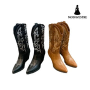 Embroidered Mid-calf Retro Cowboy Boot Women