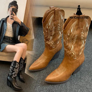 Embroidered Mid-calf Retro Cowboy Boot Women