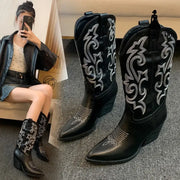 Embroidered Mid-calf Retro Cowboy Boot Women