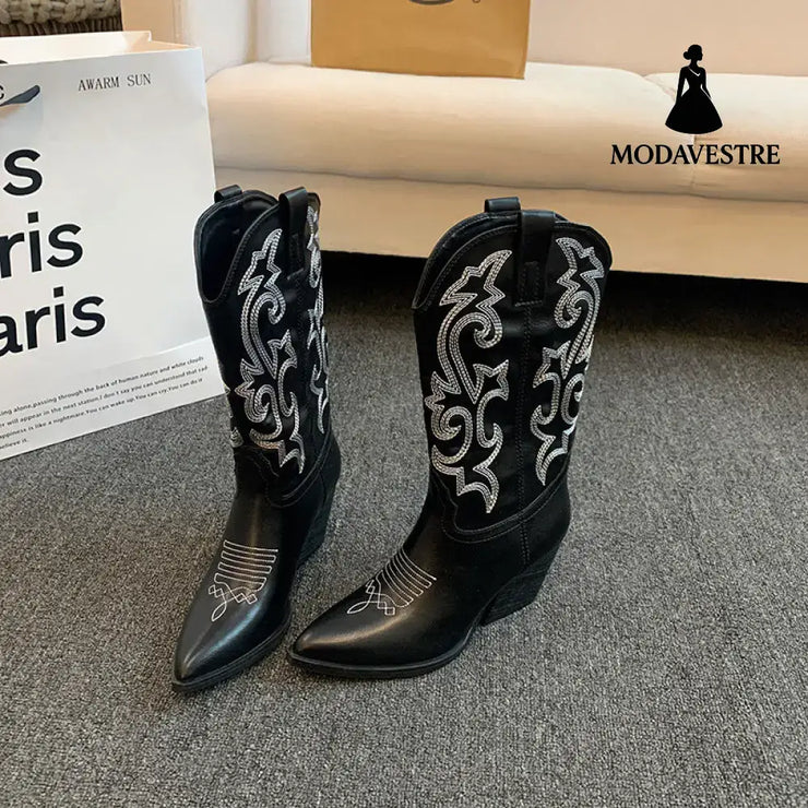 Embroidered Mid-calf Retro Cowboy Boot Women Black / 34