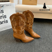 Embroidered Mid-calf Retro Cowboy Boot Women Brown / 34