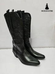 Embroidered Sleeve High Cowboy Boot For Women Black / 35