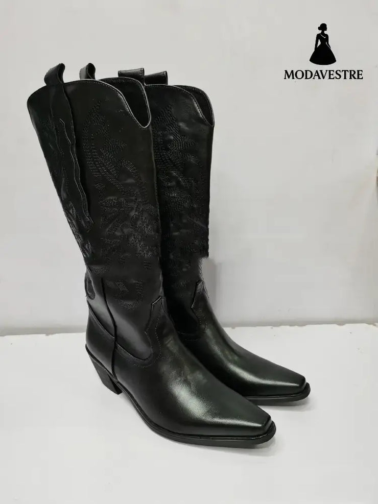 Embroidered Sleeve High Cowboy Boot For Women Black / 35