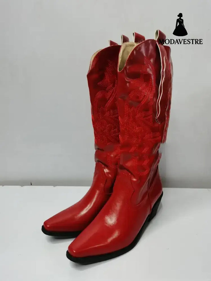 Embroidered Sleeve High Cowboy Boot For Women Red / 35