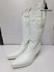 Embroidered Sleeve High Cowboy Boot For Women White / 35
