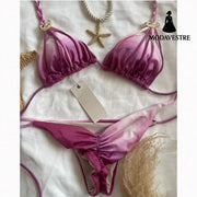 Emerald Gradient Satin Triangle Bikini Set – Adjustable Halter & Tie Bottom Purple / S