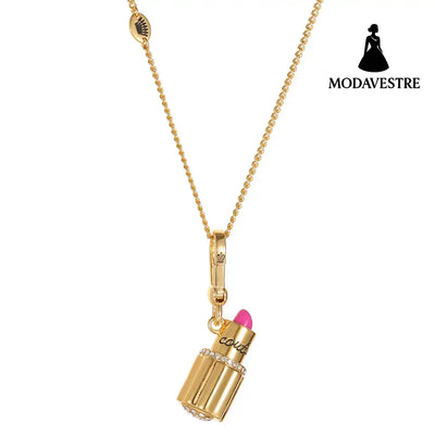 Enamel glazed diamond studded metal letters Barbie pink lipstick rotatable pendant necklace