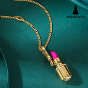 Enamel glazed diamond studded metal letters Barbie pink lipstick rotatable pendant necklace