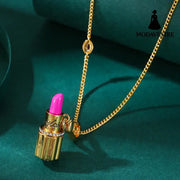 Enamel glazed diamond studded metal letters Barbie pink lipstick rotatable pendant necklace