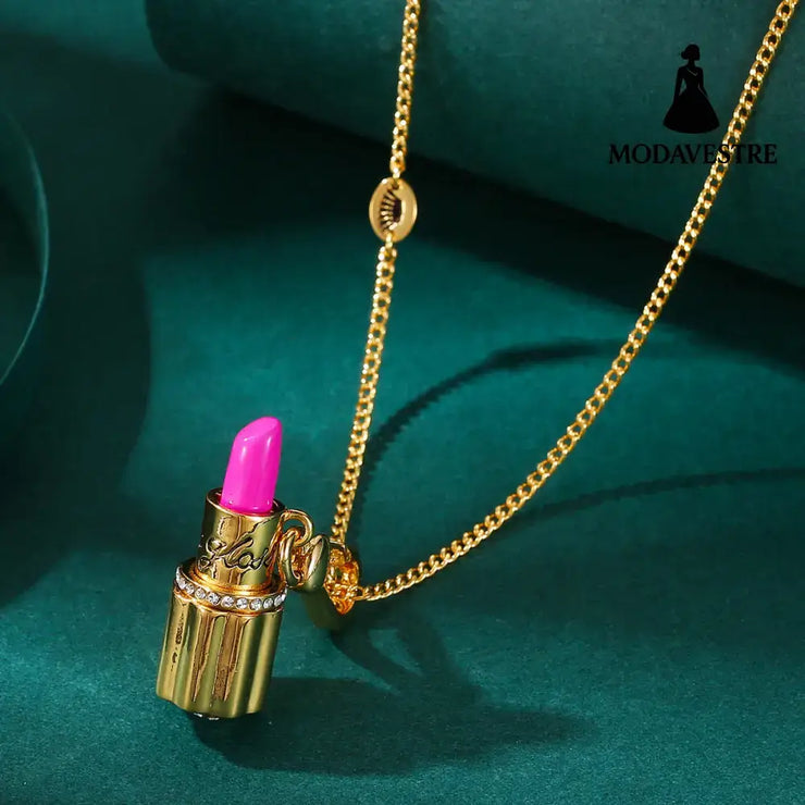 Enamel glazed diamond studded metal letters Barbie pink lipstick rotatable pendant necklace